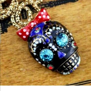 Rhinestone Bow Black Skull Necklace